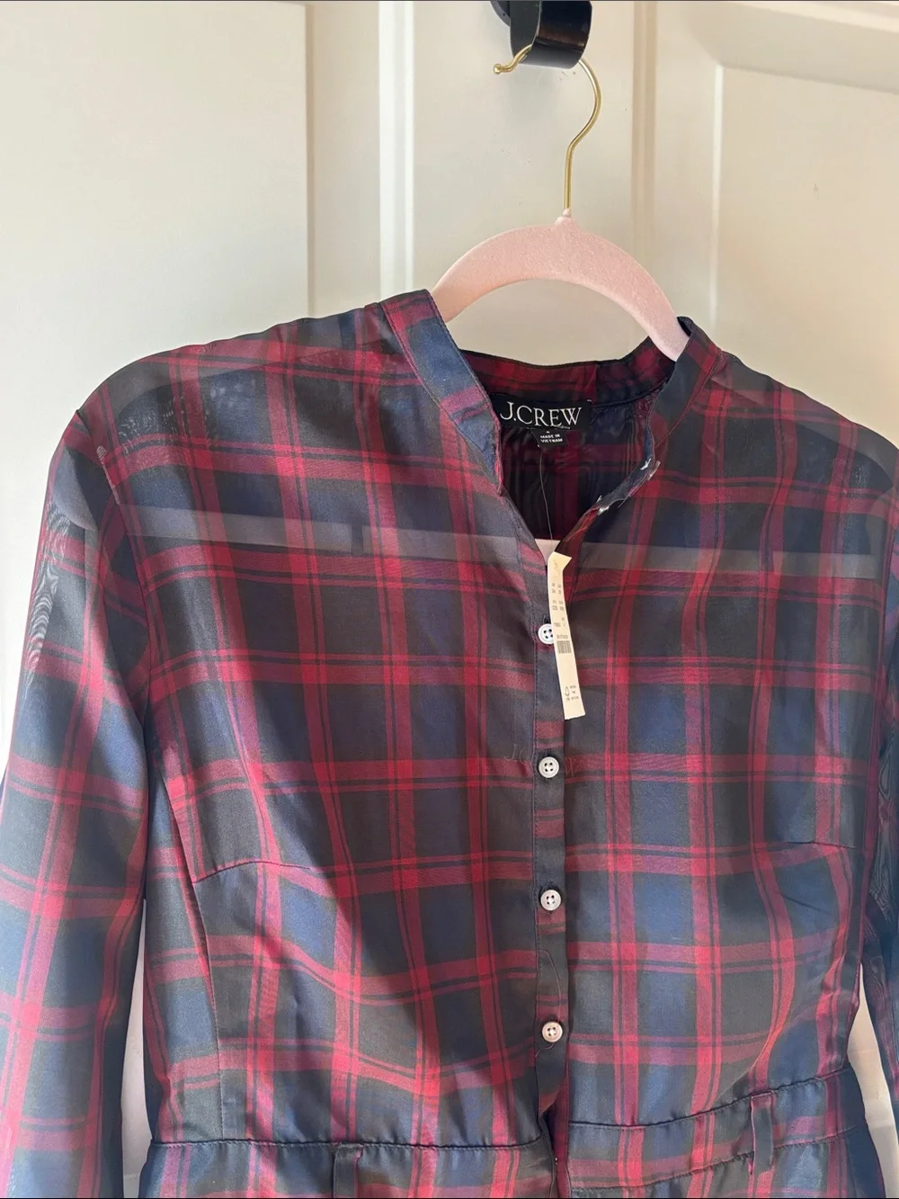 J. Crew Navy and Red Plaid Long-Sleeve Pleated Shirt Dress
